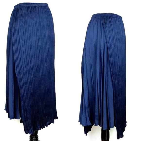 Vince Satin Mixed-Pleat Asymmetric Midi Skirt Blue with Pockets Size XXS - Picture 11 of 12